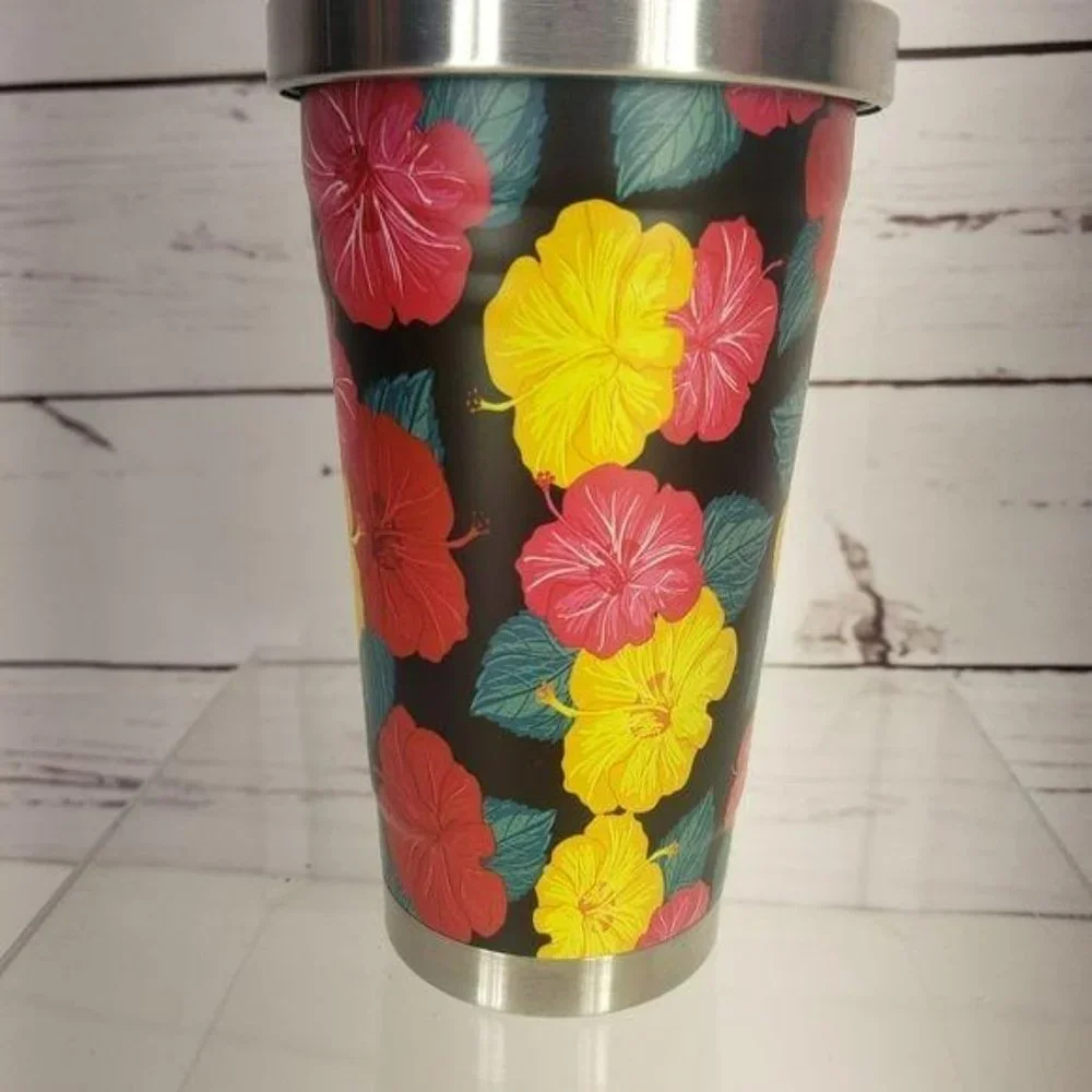 Hawaiian Floral Print Stainless Steel Tumbler Cold Cup Hibiscus Flowers 17 Fl Oz